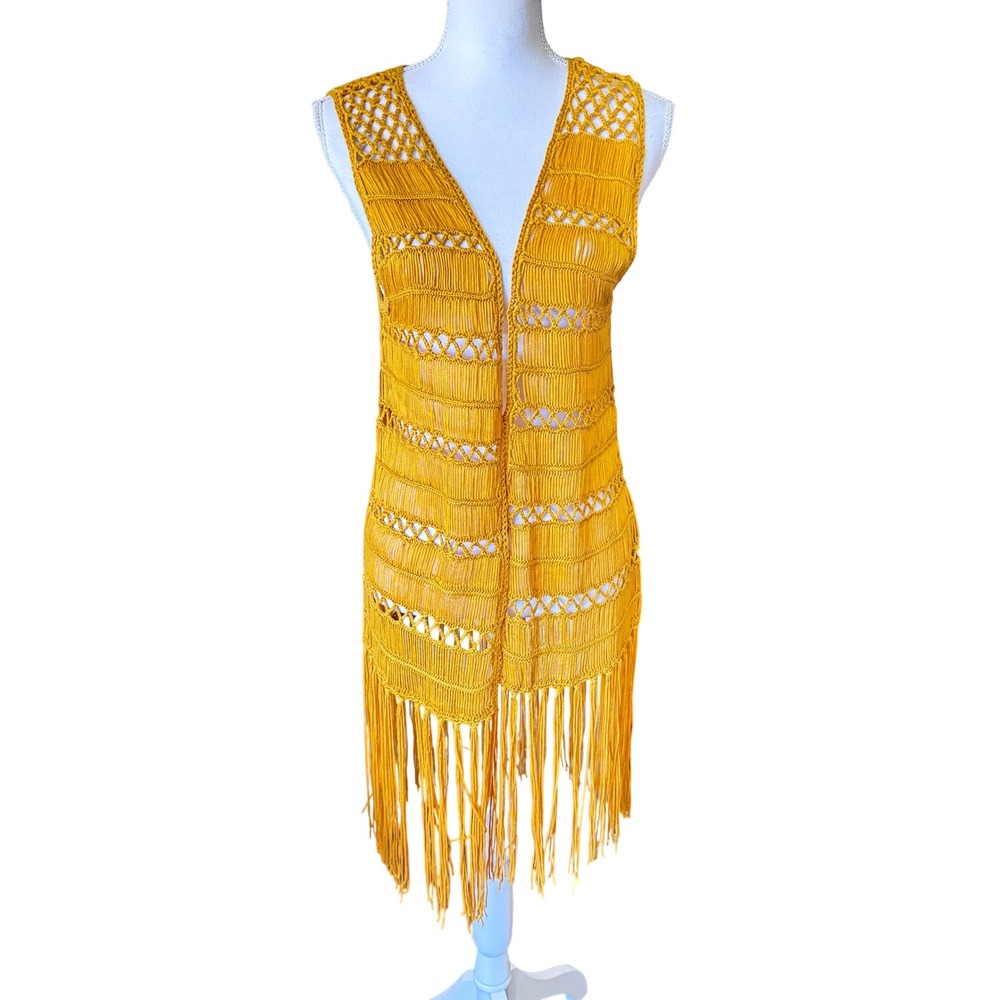 Rock & Roll Cowgirl Mustard Yellow Macrame Fringe Vest Longline Boho Women's‎ L